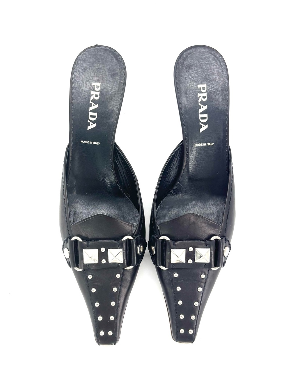 Prada Black Leather Studded Pointed Toe Kitten Heel Mules Pumps 37 - Picture 6 of 8